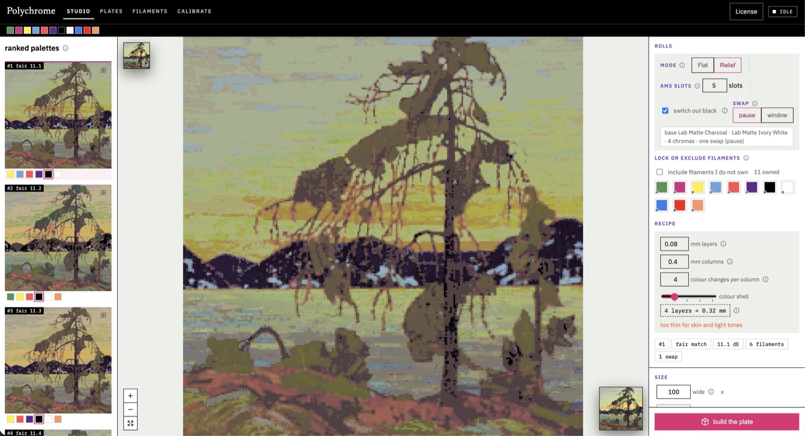 Polychrome's studio view ranking the palettes a shelf of filaments can print for a Tom Thomson painting