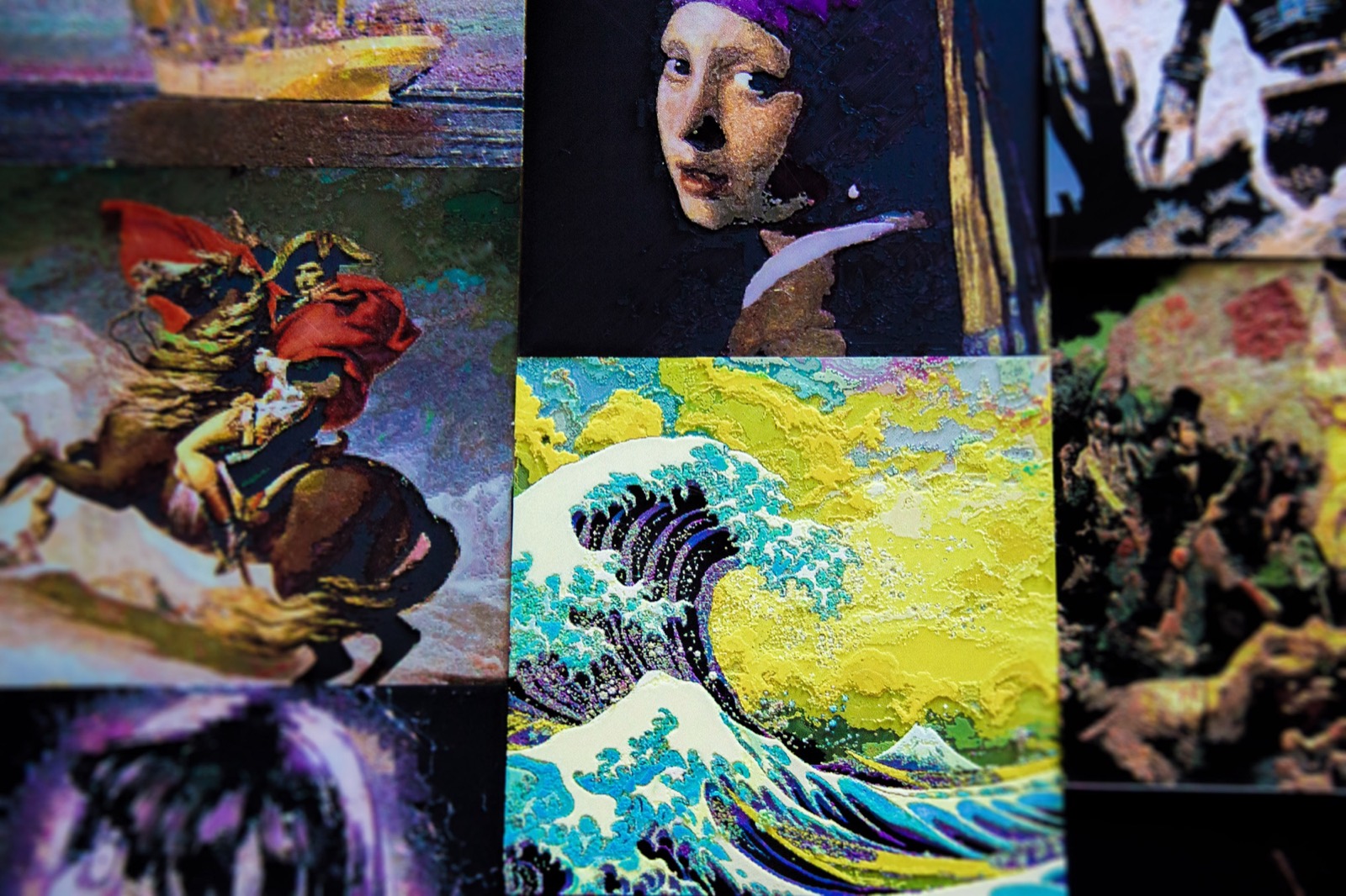 Polychrome prints laid out together on the bench: Napoleon, Girl with a Pearl Earring, The Great Wave and others